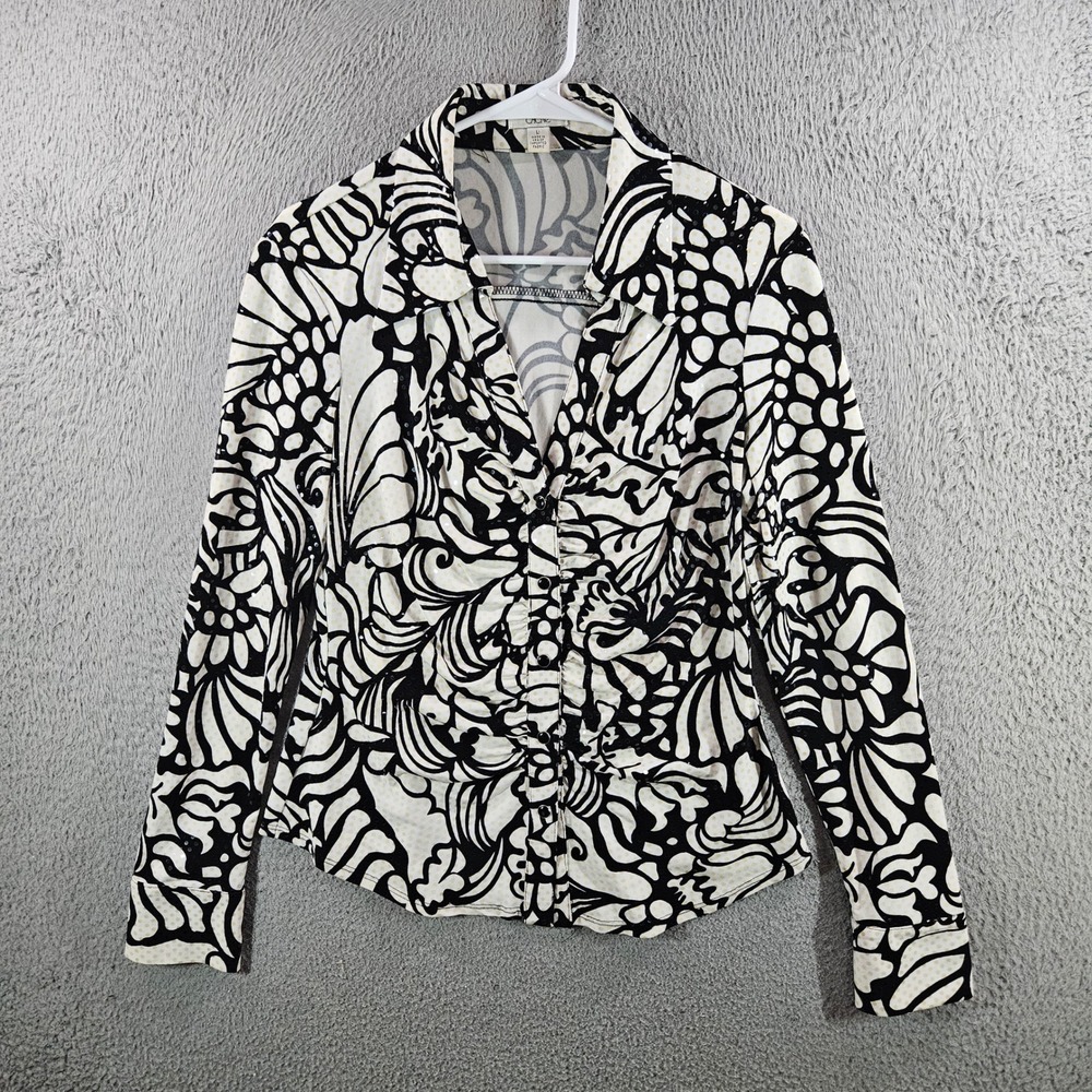 Cache Womens Black White Abstract Floral Sequin Ruched Button Front Blouse L